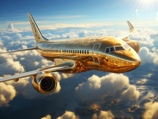 Golden airplane flies in blue sky with dramatic clouds. Concept of passenger airline companies, travel, plane transportation, freedom of travelling
