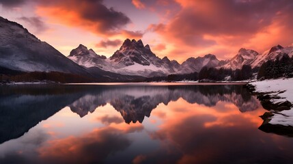 Fototapeta na wymiar Panoramic view of snowy mountain range reflected in water at sunset