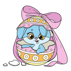 Cute cartoon bunny hatches from a fancy Easter egg color variation