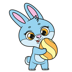 Cute cartoon bunny carries a large beautiful Easter egg in his paws color variation
