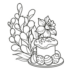 Easter cake and eggs decorated willow twigs outlined for coloring page isolated on white background