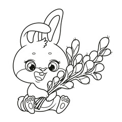 Cute cartoon bunny with willow twigs in paws outlined for coloring on a white background