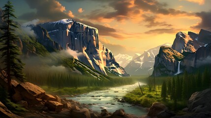 Beautiful panoramic landscape with mountains and a river at sunset