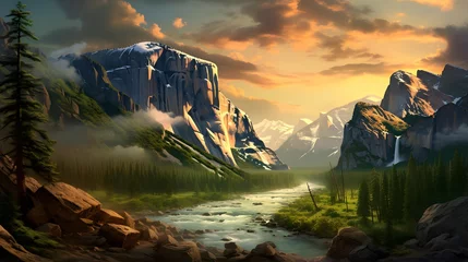  Beautiful panoramic landscape with mountains and a river at sunset © Iman