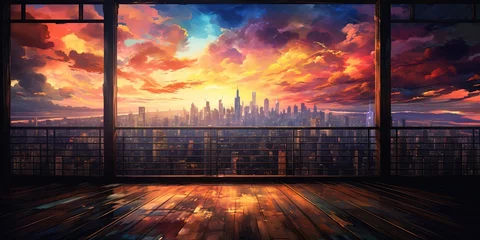 Tuinposter Standing in a large, wooden-floored room, illuminated by the bright colors of a sunrise or sunset that pour through the window, one can admire the city skyline that lies © Влада Яковенко