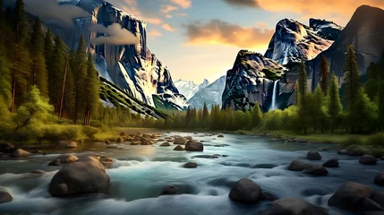 Poster Panorama of a mountain river in the Altai mountains, Russia © Iman