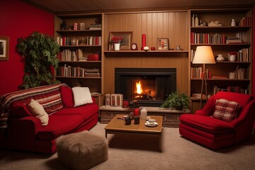 Retro Red and White Cozy Den with Fireplace and Wooden Bookcase - obrazy, fototapety, plakaty