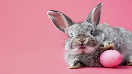 Cute gray bunny with Easter egg on pink background