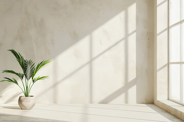 horizontal indoor image of a blank wall illuminated by sunlight, small palm tree on the left hand side, copy space. Generative AI