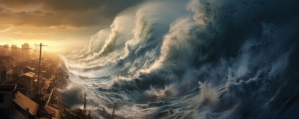 massive tsunami crashing - obrazy, fototapety, plakaty