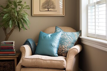 Mediterranean Cozy Reading Nook with Beige Lounge Chair and Sea Blue Cushion