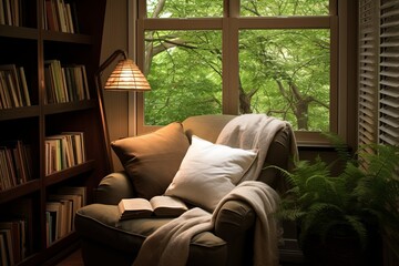 Cozy Reading Nook Oasis: Plantation Shutter Windows, Lounge Chair, and Books Heaven