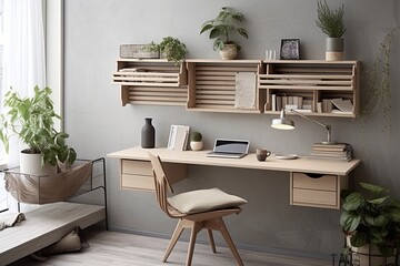 Scandinavian Boho Dream: Wall-Mounted Desks with Built-In Shelves for Creative Storage Solutions