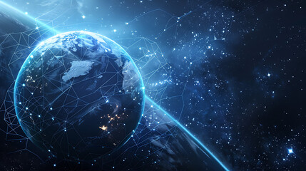 Obraz premium a blue earth with a network of lights around it and a dark background