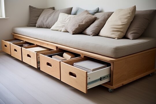 Fototapeta Nordic Flat Creative Storage: Under-Sofa Drawers for Books and Blankets