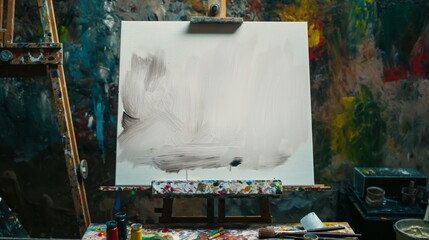 A blank oil painting is placed on the easel, with some painting tools scattered around.