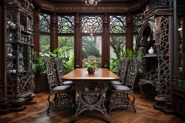 Fototapeta na wymiar Intricate Iron Chair Designs and Ornate Ironwork Structures in Dining Room Setting