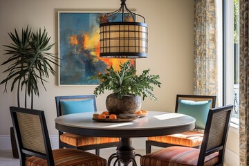 Mediterranean Dining Oasis: Round Table Elegance with Chic Lamps - obrazy, fototapety, plakaty