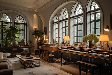 Arch Windows Drawing Room with Vintage Console Tables and Voice-Activated Lighting Systems