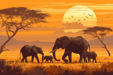 Fototapeta na wymiar Silhouette elephants at sunset on Savana world animal
