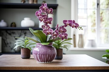 Dutch Style Kitchen: Ceramics, Lush Fern, and Orchid on Coffee Table