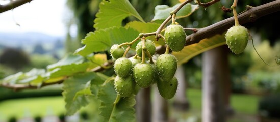 Fototapeta premium A collection of vibrant green grapes hanging from a tree, ripe and ready for harvest in a lush vineyard setting. The grapes are clustered together, dangling gracefully from the branches under the