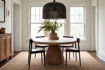 Dutch-Inspired Dining Room with Natural Fiber Rugs and Pendant Lights - obrazy, fototapety, plakaty