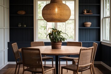 Dutch-Inspired Dining Room: Natural Fiber Rugs and Textiles Enhancing Pendant Lights Over Round Wooden Table