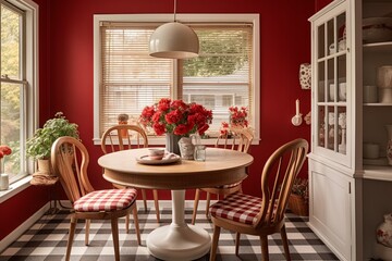 Dutch-Inspired Dining Room: Retro Red and White Color Schemes Surround Cozy Round Table with Chairs