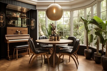 Dutch-Inspired Home: Classic Jukebox Decor Featuring Round Dining Table and Chic Chairs - obrazy, fototapety, plakaty
