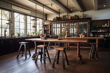 Fototapeta na wymiar Dutch-Inspired Home: Repurposed Furniture Workstations & Vintage Wooden Stools