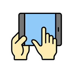 hand with tablet. lineal color icon
