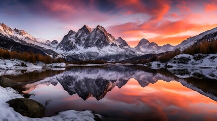 Panoramic view of snowy mountains reflected in a lake at sunset