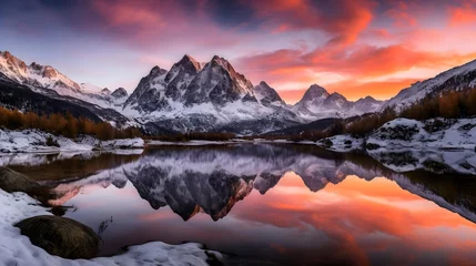 Foto auf Alu-Dibond Panoramic view of snowy mountains reflected in a lake at sunset © Iman