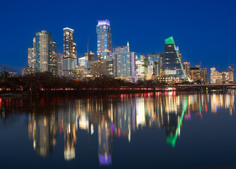 Austin Texas skyline seen at night with modern downtown buildings. - 751022030