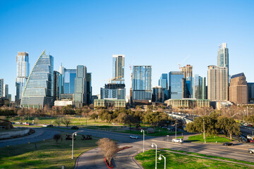 Austin Texas skyline during the day with modern downtown buildings.