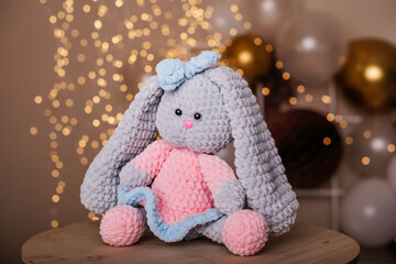 Knitted cute bunny toy. Decoration for comfort in a children's room. A gift for a long memory. Handmade.