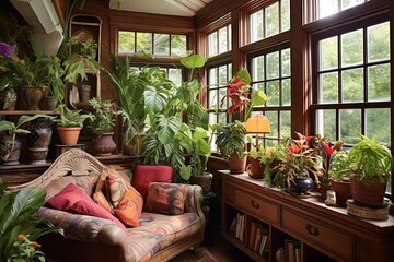 Dutch-Inspired Living Area: Lush Fern and Orchid Displays with Colorful Potted Plants by Window - obrazy, fototapety, plakaty