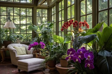 Dutch-Inspired Living Area: Lush Fern and Orchid Displays with Plants in Colorful Pots by Window