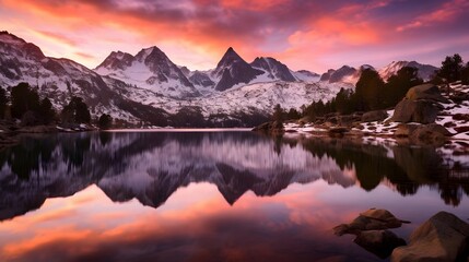 Fototapeta na wymiar Panoramic view of snow capped mountains reflected in lake at sunset