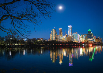 Austin Texas skyline seen at night with modern downtown buildings. - 751022089