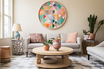 Dutch-Inspired Living Room: Intricate Tilework & Round Coffee Table with Pastel Wall Art - obrazy, fototapety, plakaty