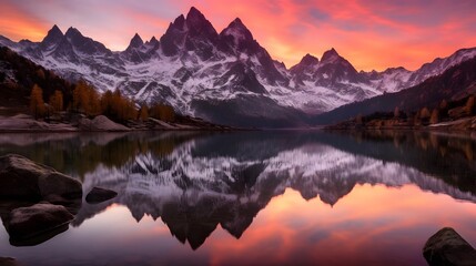 Mountains reflected in the lake with reflection of the sky and clouds