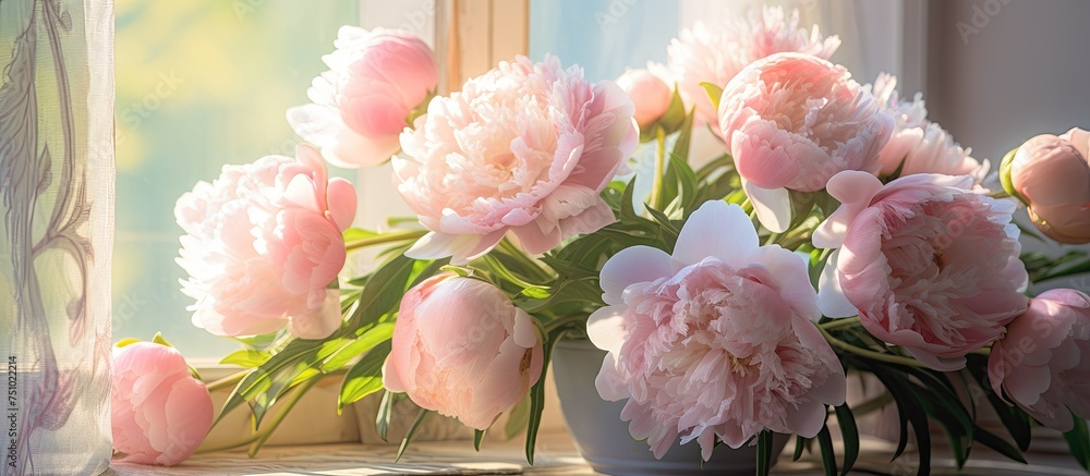 Poster A pink peony bouquet fills a clear vase, placed next to a window with sunlight streaming in, casting shadows. The background is blurred to focus on the vibrant flowers.