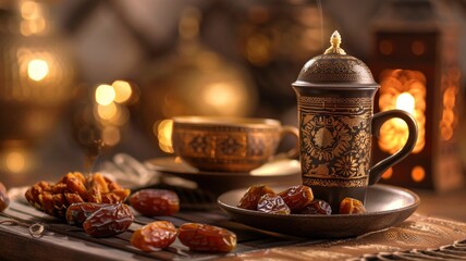 Fototapeta na wymiar Ramadan kareem with premium dates and arabic coffee mug - generative ai