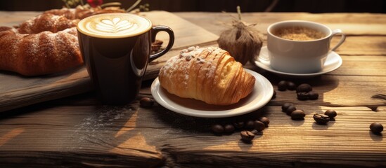 A wooden table is seen with a cup of coffee placed next to a freshly baked croissant. The warm tones of the wood complement the rich colors of the coffee and pastry. - obrazy, fototapety, plakaty