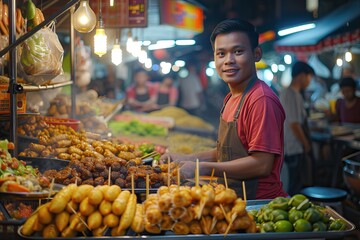 an Indonesian male working in his food sellers stalls serve buyers - obrazy, fototapety, plakaty
