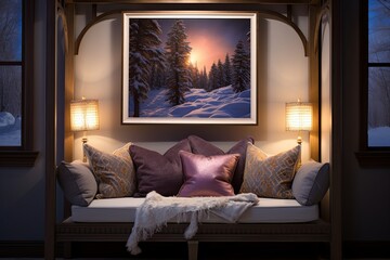 Elegant Den Winter Wonderland: Luxurious Velvet Bedding & Colorful Lantern Lighting Artwork