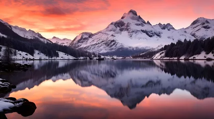 Gordijnen Panoramic view of snow-capped mountains reflected in a lake at sunset © Iman