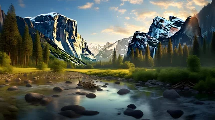 Schilderijen op glas Beautiful panoramic view of a mountain river in the summer © Iman